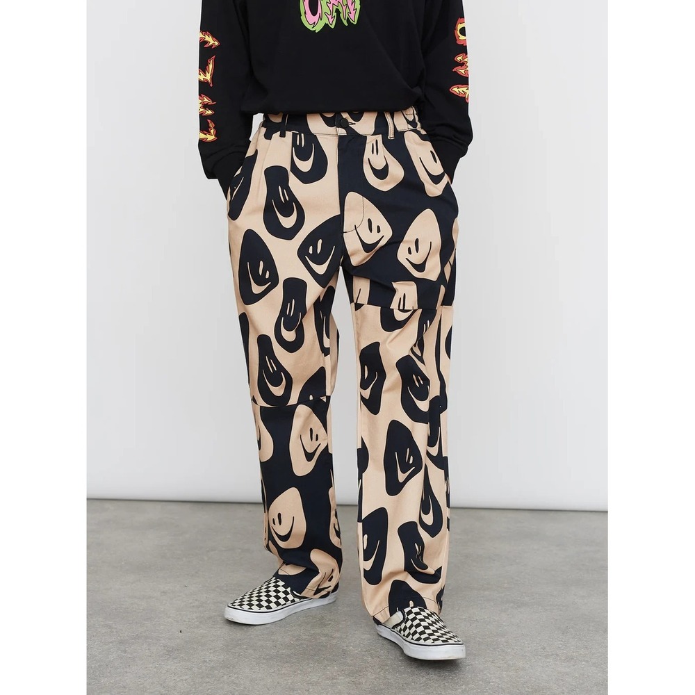 Lazy Oaf Wavey Faces Pants Unisex US 2 Beige Black High Rise Pleated Relaxed Fit - Picture 1 of 12